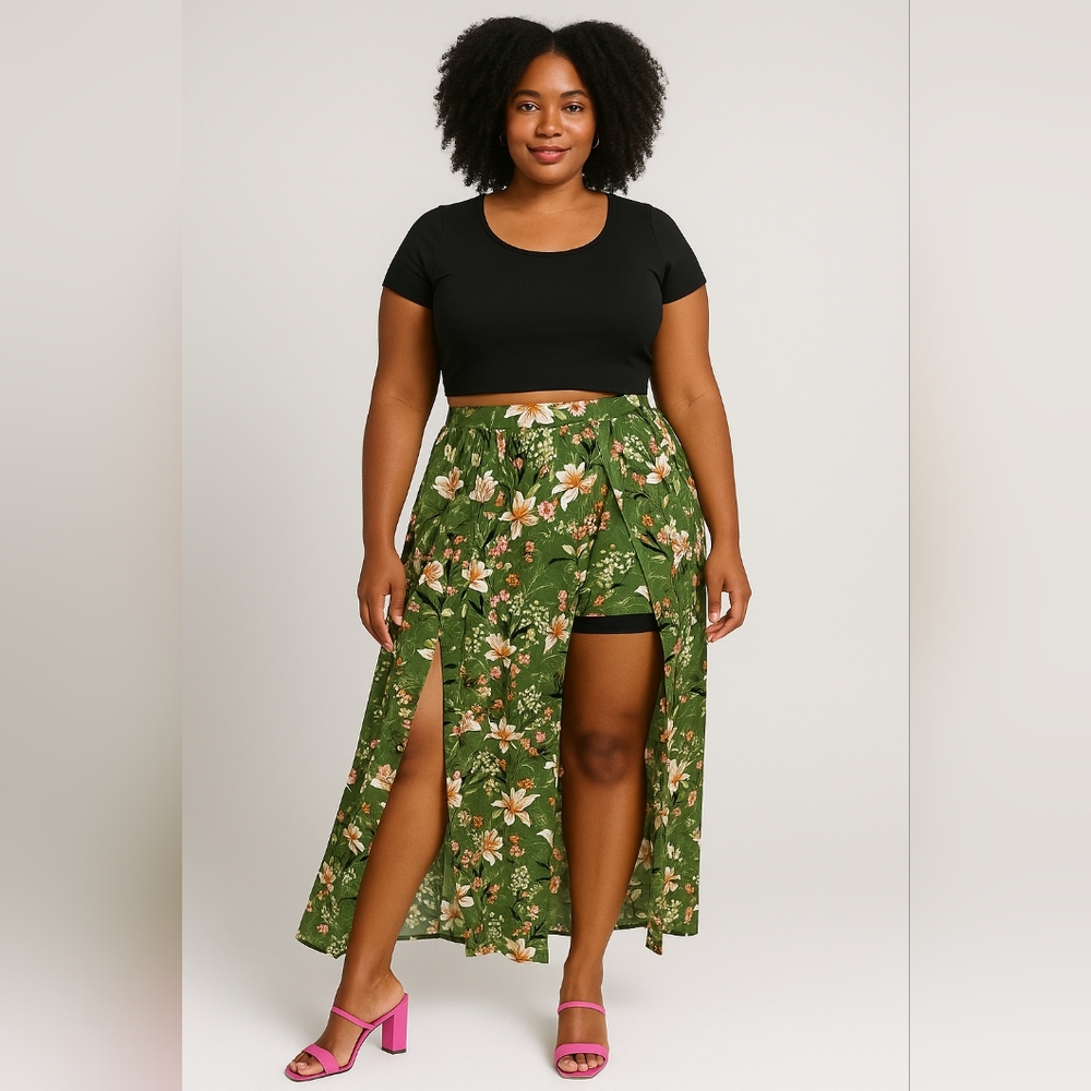 NWT- Floral Green Maxi Overlay Skirt - L